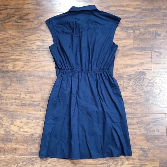 MILLY • Maxwell Ruched Poplin Shirtdress navy cap sleeve sheath dress fitted